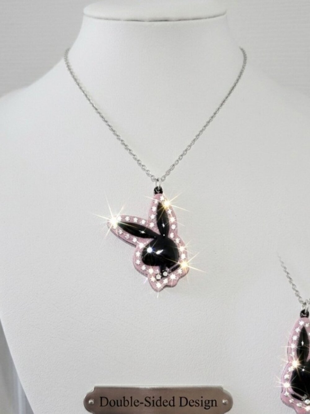 Elegant Pink & Black Sparkle Playboy Bunny Pendant